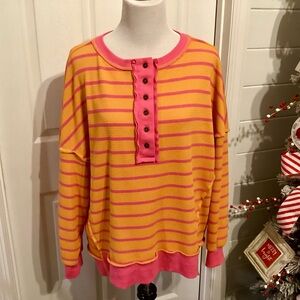 Striped Pink and Orange Henley Pullover